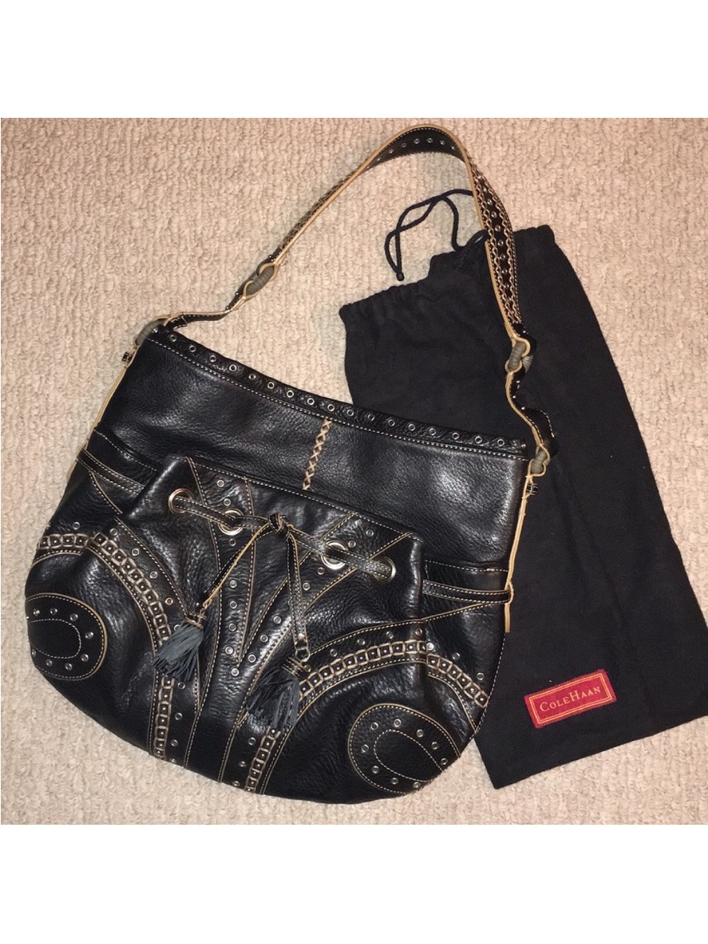 Vintage Y2K Cole Haan Village Grommet Hobo Bag SP06 - Pebbled Blk Leather
